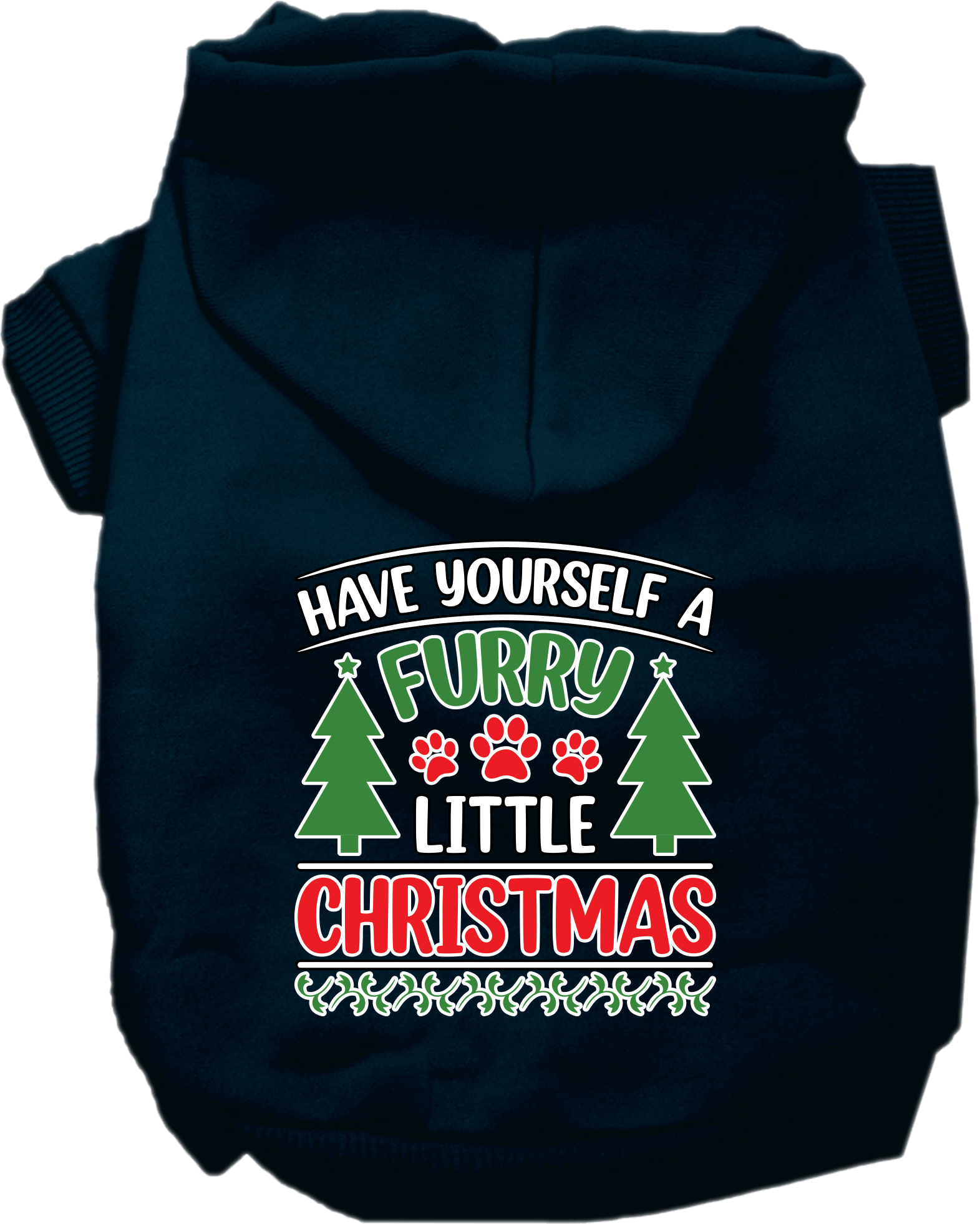 Furry Little Christmas Screen Print Dog Hoodie Navy Blue Size XS